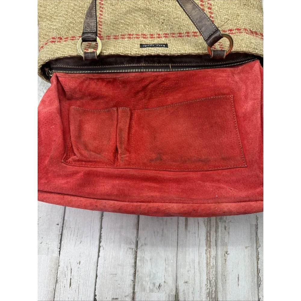 Kate Spade Vintage Tan Plaid Wool & Leather Double Handle Satchel Handbag Purse